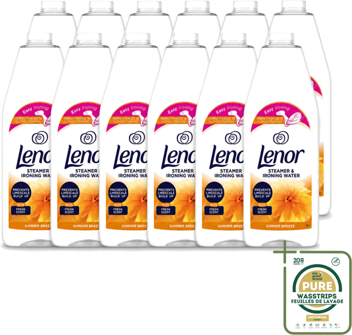 12 x Lenor - Strijkwater - Summer Breeze - Textielverfrisser - 1000 ml - Wasstrips - Strijkwater Summer Breeze - Textielverfrisser - Zomerse Geur - Frisheid - Kledingverfrisser