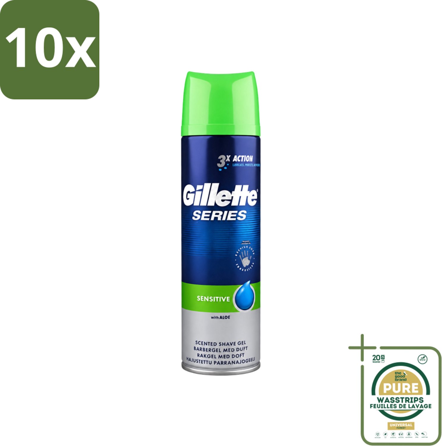 10 x Gillette Series - Scheergel - Sensitive - Aloe Vera - Voor de gevoelige huid - 200 ml - Wasstrips - Gevoelige Huid - Scheergel - Aloe Vera - Menthol - Scheren