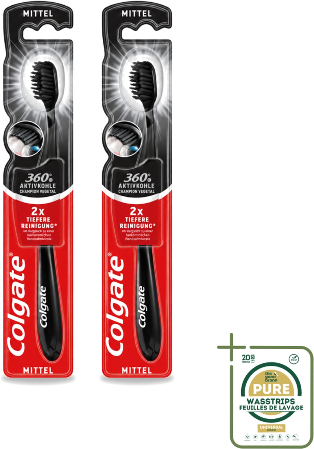 2 x Colgate - Tandenborstel - Charcoal Black 360 Medium - Zwart - 1 Tandenborstel - Wasstrips - Tandenborstel - Houtskool - Tandenborstel Houtskool - Mondverzorging - Tandenborstel 360