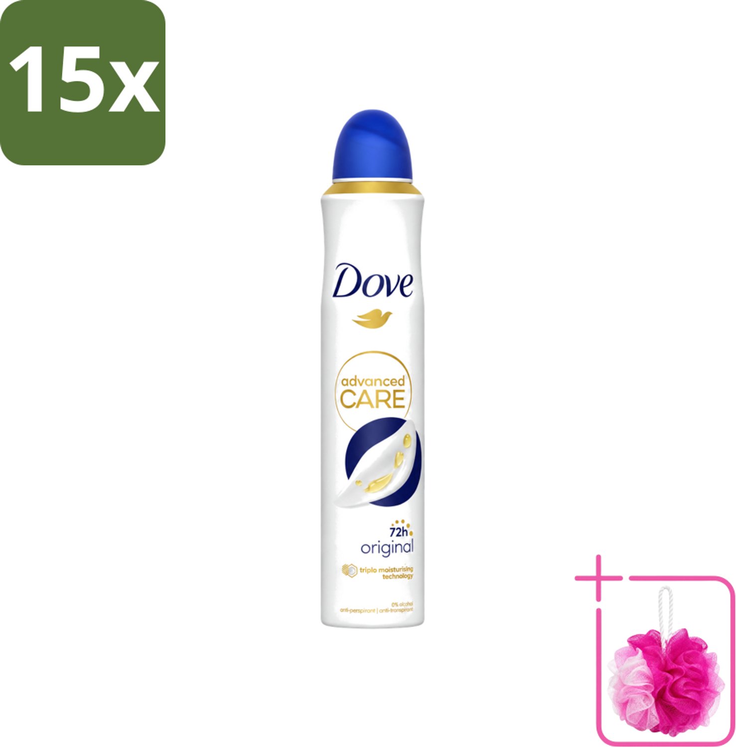 15 x Dove - Deodorant - Spray Advanced Care - Frisse en langdurige bescherming - 200 ml - Bulkverpakking - Anti-transpirant spray - Douchemop - Huidverzorging