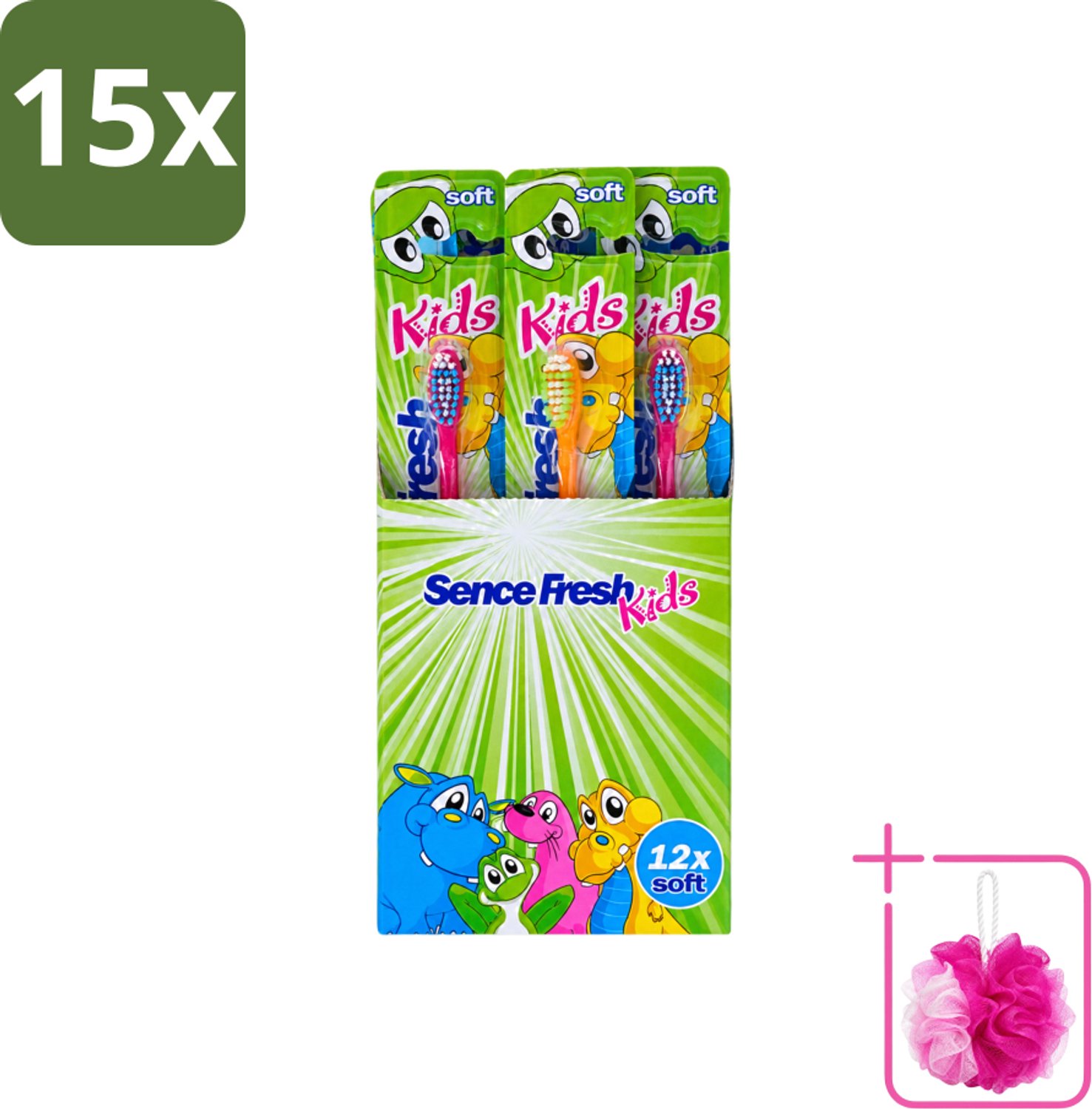 15 x Sence - Fresh Kids Soft - Tandenborstels - Zacht - 12 Tandenborstels - Bulkverpakking - Tandenborstel voor kinderen - Douchemop - Zachte tandenborstel