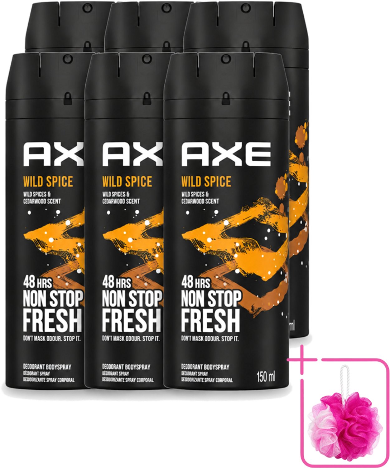 6 x Axe - Deodorant Bodyspray - 48hrs Non Stop Fresh - Wild Spice - Wild Spices & Cedarwood - 150 ml - Bulkverpakking - Deodorant - Douchemop - Bodyspray