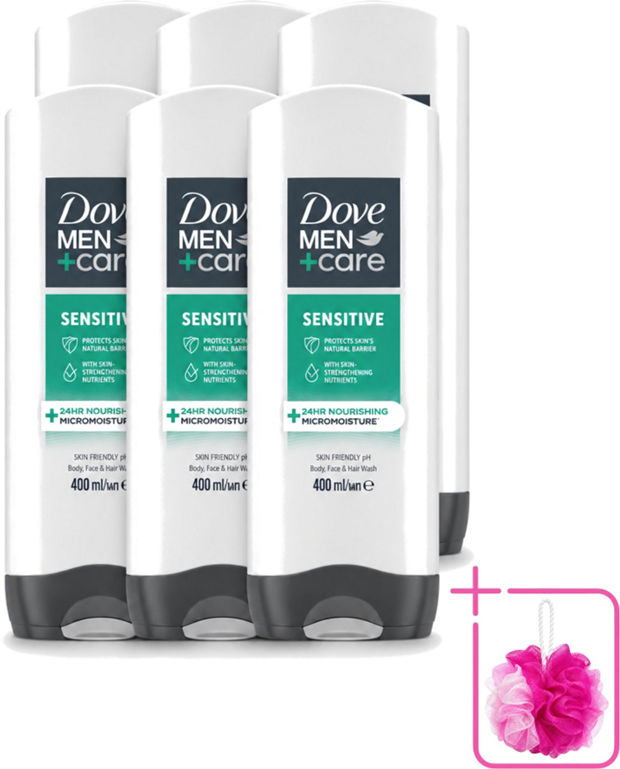 6 x Dove - Shower Gel - 3-in-1 - Men Care Sensitive - Verfrissend en zacht - 400 ml - Bulkverpakking - Douchegel voor mannen - Douchemop - Gevoelige huid