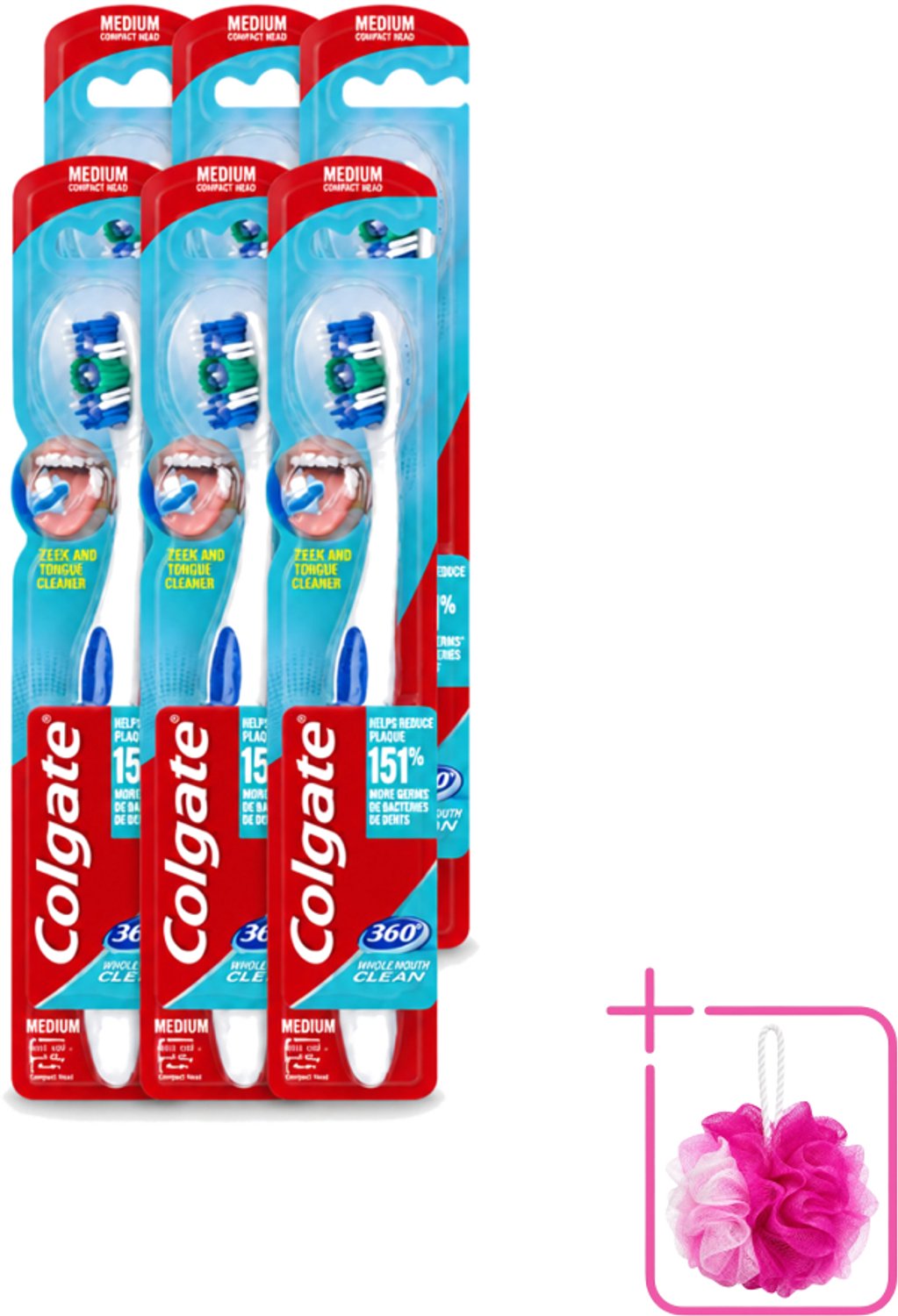 6 x Colgate - Tandenborstel - 360 Whole Mouth Clean Medium - Wit/Blauw - 1 Tandenborstel - Bulkverpakking - Tandenborstel - Douchemop - Mondhygiëne