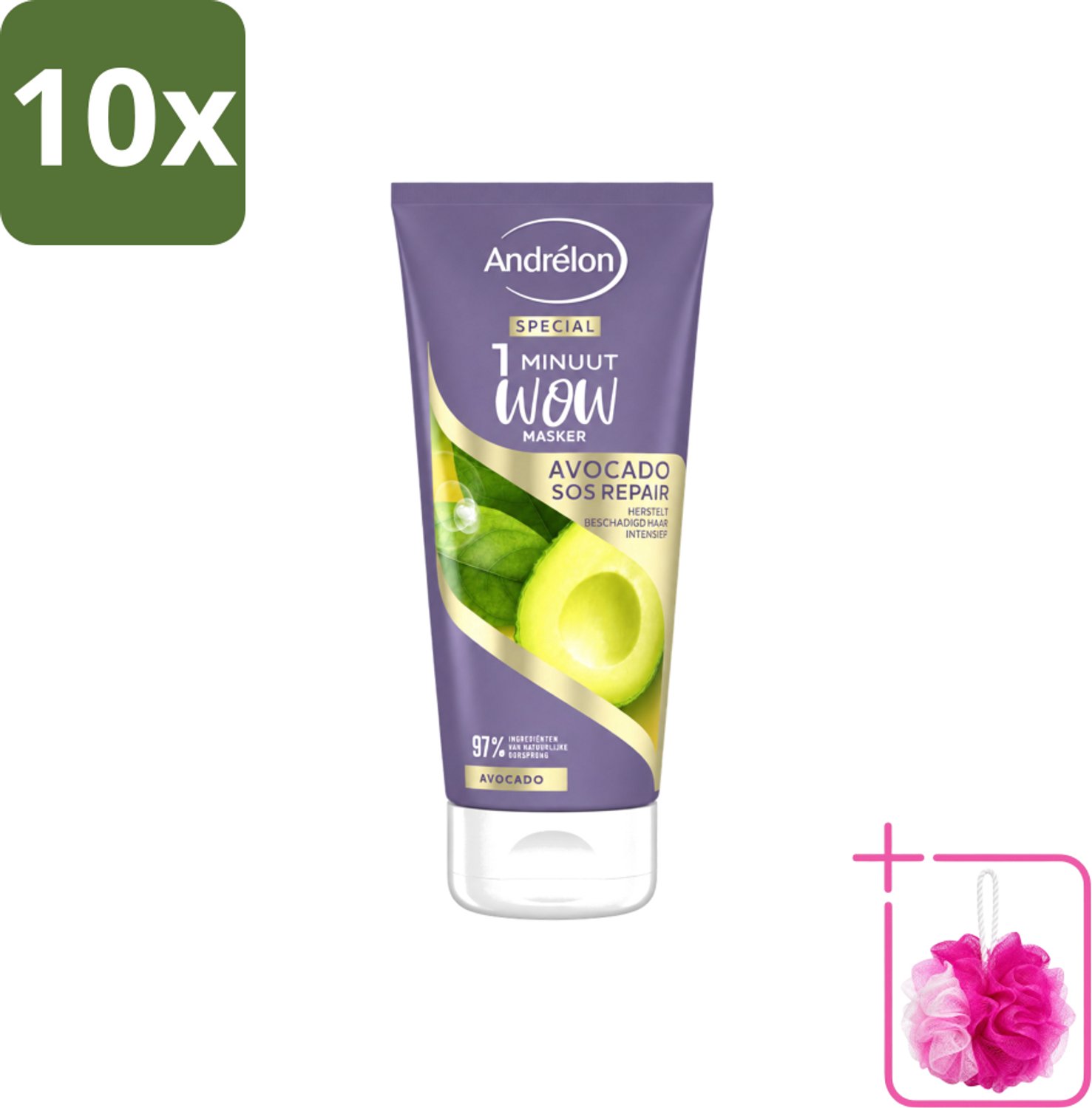 10 x Andrélon - 1 Minuut Wow Haarmasker - Avocado SOS Repair - 180 ml - Bulkverpakking - Haarmasker - Douchemop - Haarherstel