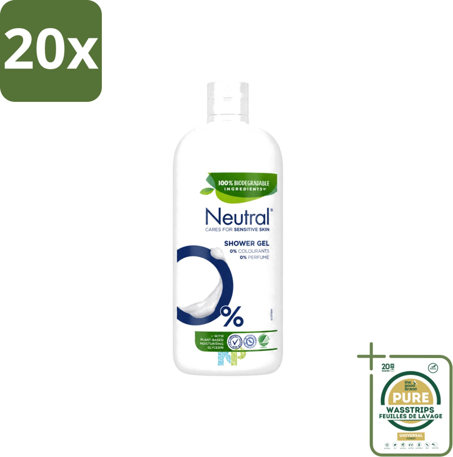 20 x Neutral – Douchegel – Sensitive Skin – 900 ml - Wasstrips - Gevoelige Huid - Droge Huid - Parfumvrije Douchegel - Milde Douchegel - Dermatologisch Getest