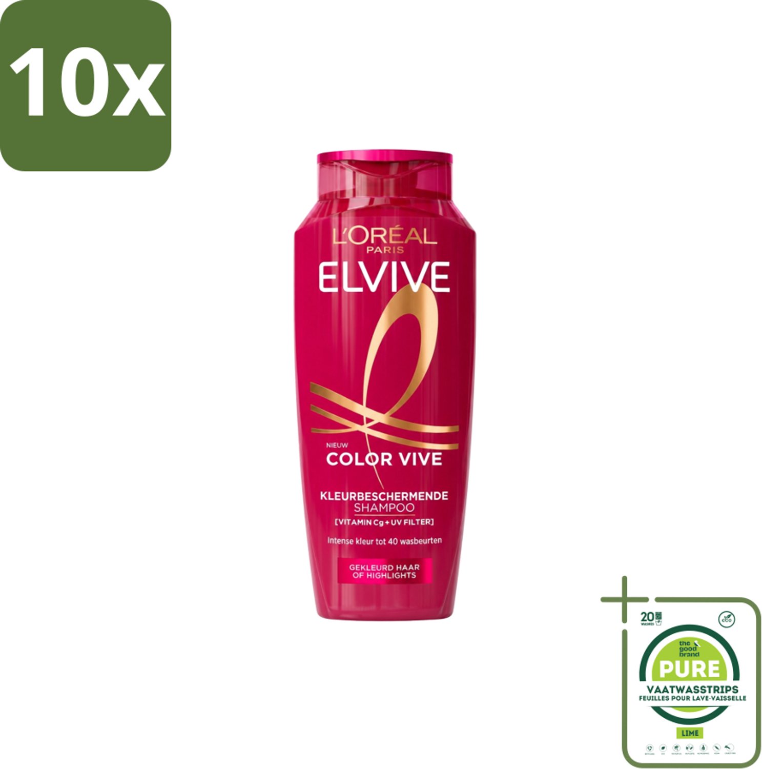 10 x L’Oréal Paris Elvive – Shampoo – Color Vive – Gekleurd Haar – 250 ml - Grootverpakking - Vaatwasstrips - Kleurbehoud Haar - Glans Haar - Gekleurd Haar - Highlights - Wasbeurten