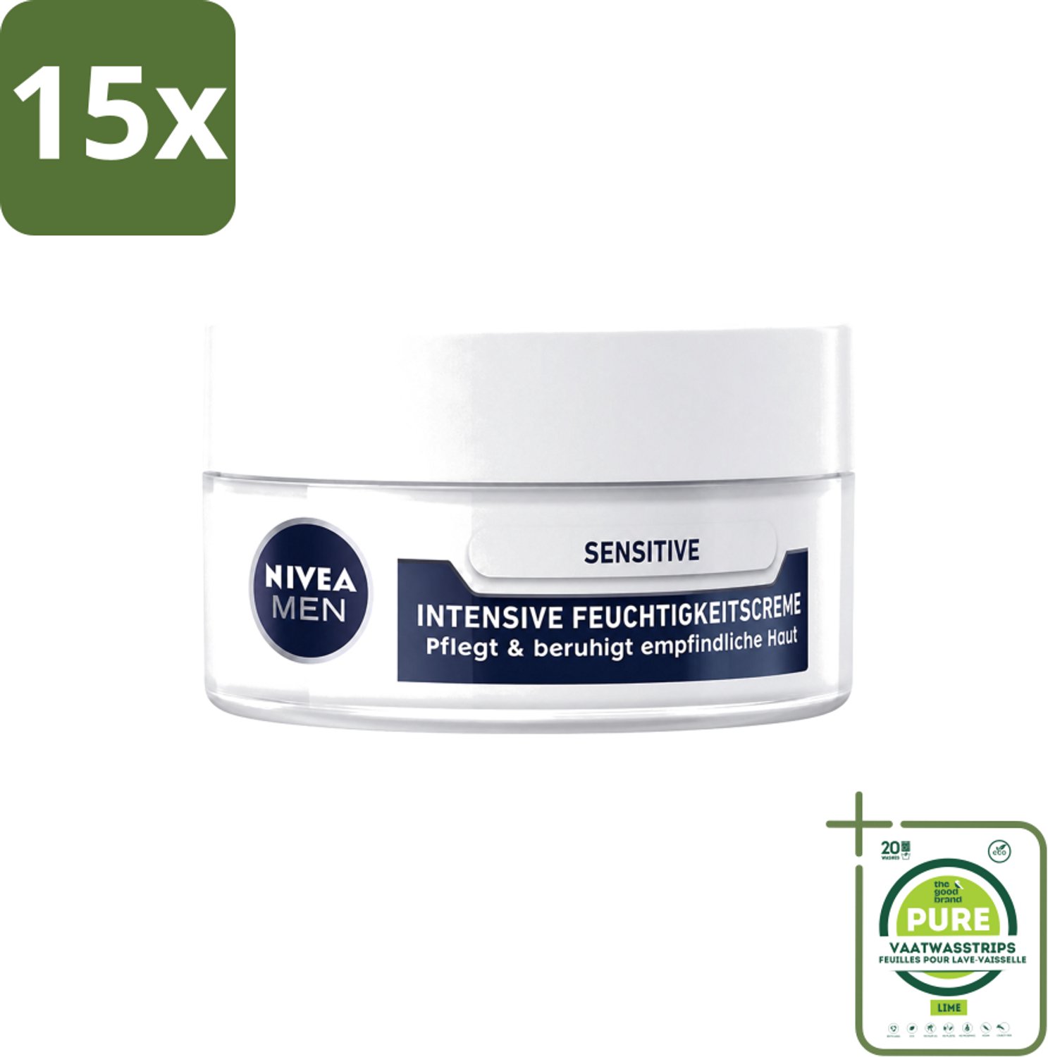 15 x Nivea Men – Gezichtscrème – Sensitive Intensive – 50 ml - Grootverpakking - Vaatwasstrips - Gevoelige Huid - Gezichtscreme - Intensieve Hydratatie - Kamille Extract - Toverhazelaar