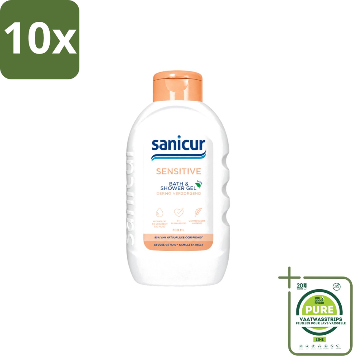 10 x Sanicur – Bad & Douchegel – Sensitive – 300 ml - Grootverpakking - Vaatwasstrips - Gevoelige Huid - Bad En Douchegel - Zachte Reiniging - Kamille Extract - Huidbeschermend