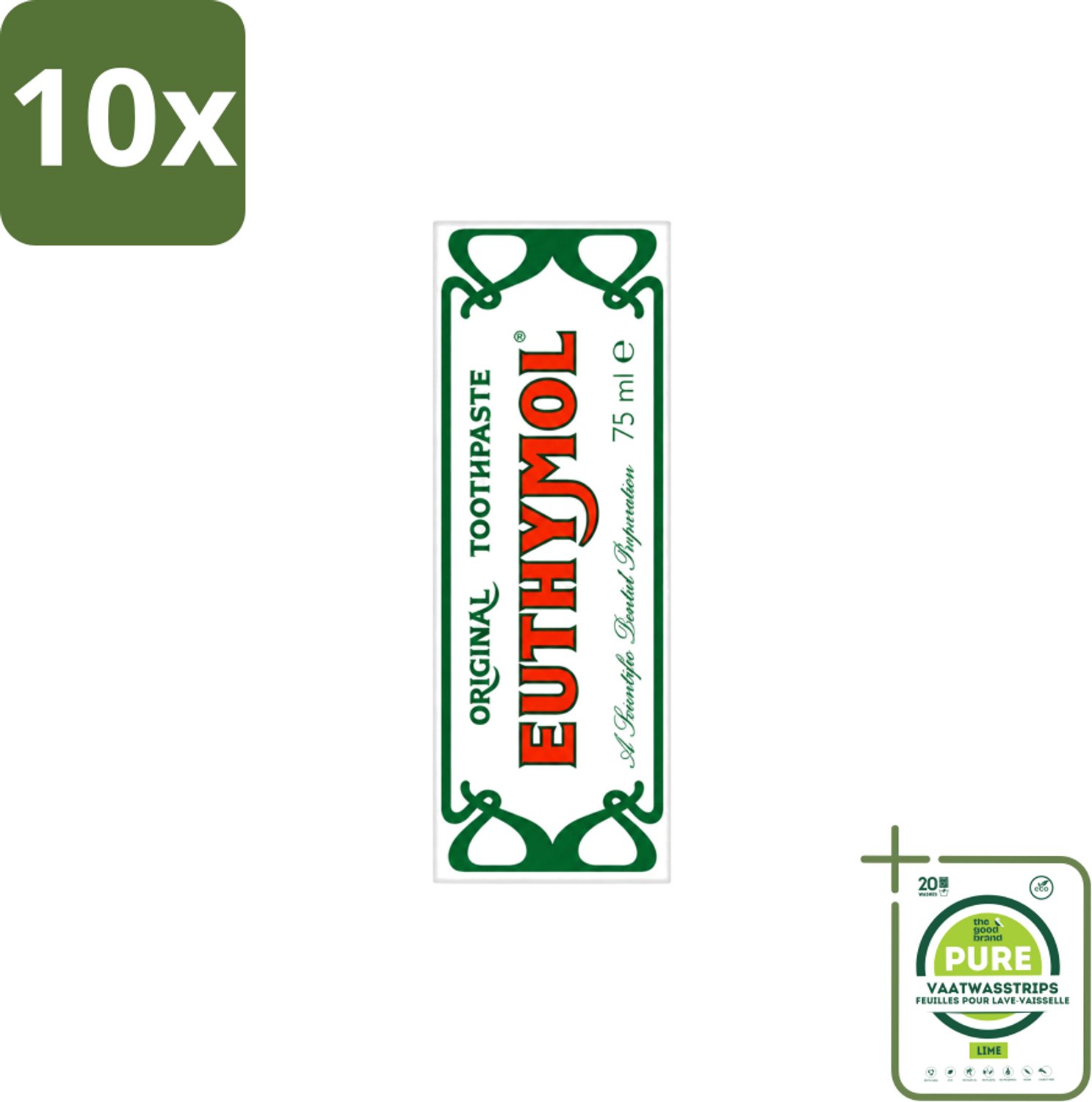 10 x Euthymol – Tandpasta – Original Dentifrice – 75 ml - Grootverpakking - Vaatwasstrips - Tandpasta - Thymol - Fluoridevrij - Mondhygiëne - Tanden Reinigen