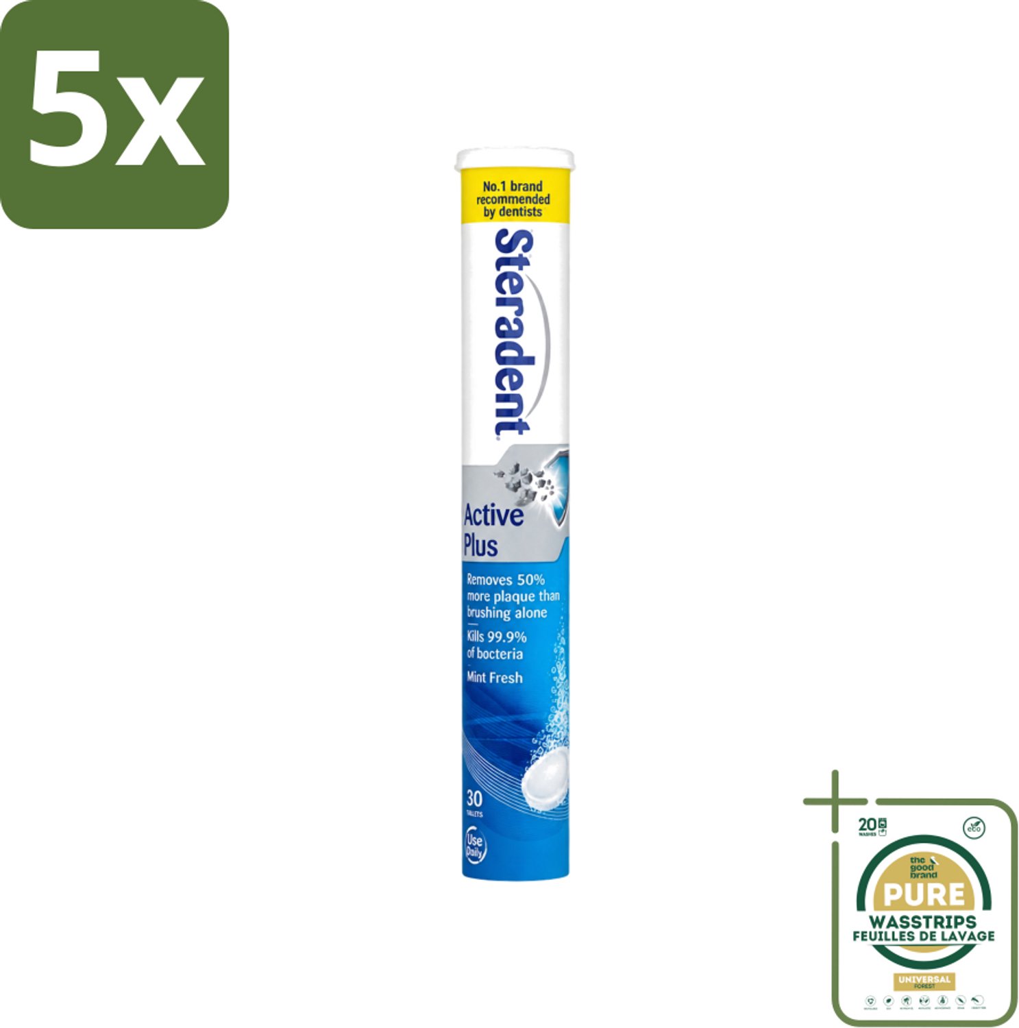 5 x Steradent - Reinigingstabletten - Active Plus - Tegen Tandsteen & Bacteriën - 30 Tabletten - Wasstrips - Kunstgebit Reinigen - Tandsteen Verwijderen - Bacteriën Doden - Mondhygiëne - Adem Verfrissen