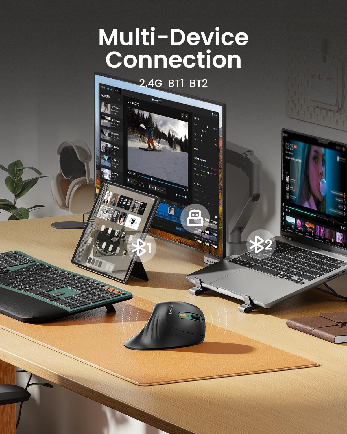 Ergonomische Draadloze Verticale Muis met Oplaadbare Optische Sensor en Multi-Device Verbinding voor Computer, iPad en Mac - 3 Instelbare DPI Instellingen