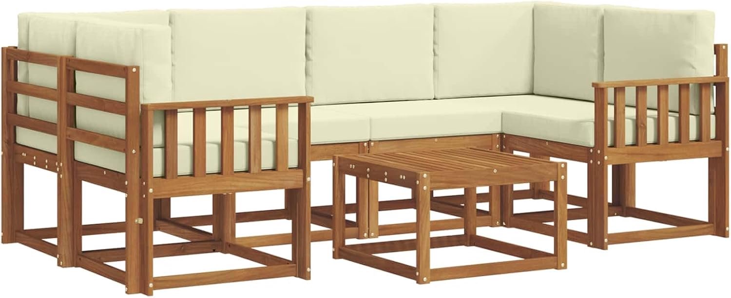 Outdoor bankset van massief acaciahout met lattendesign rugleuning, 7-delig met kussens in natuur en crème, voor tuin, terras en zwembad.