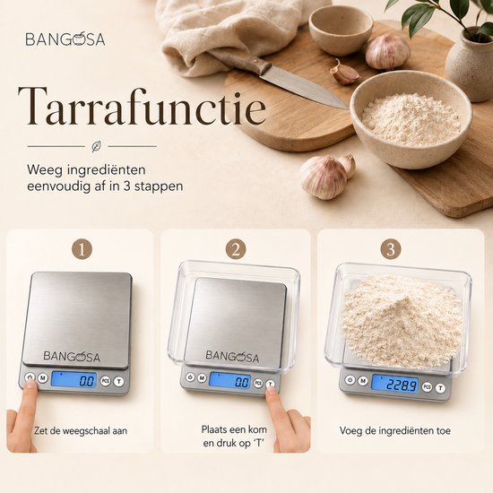 Infographic met 3 stappen voor de tarrafunctie van de Bangosa weegschaal.