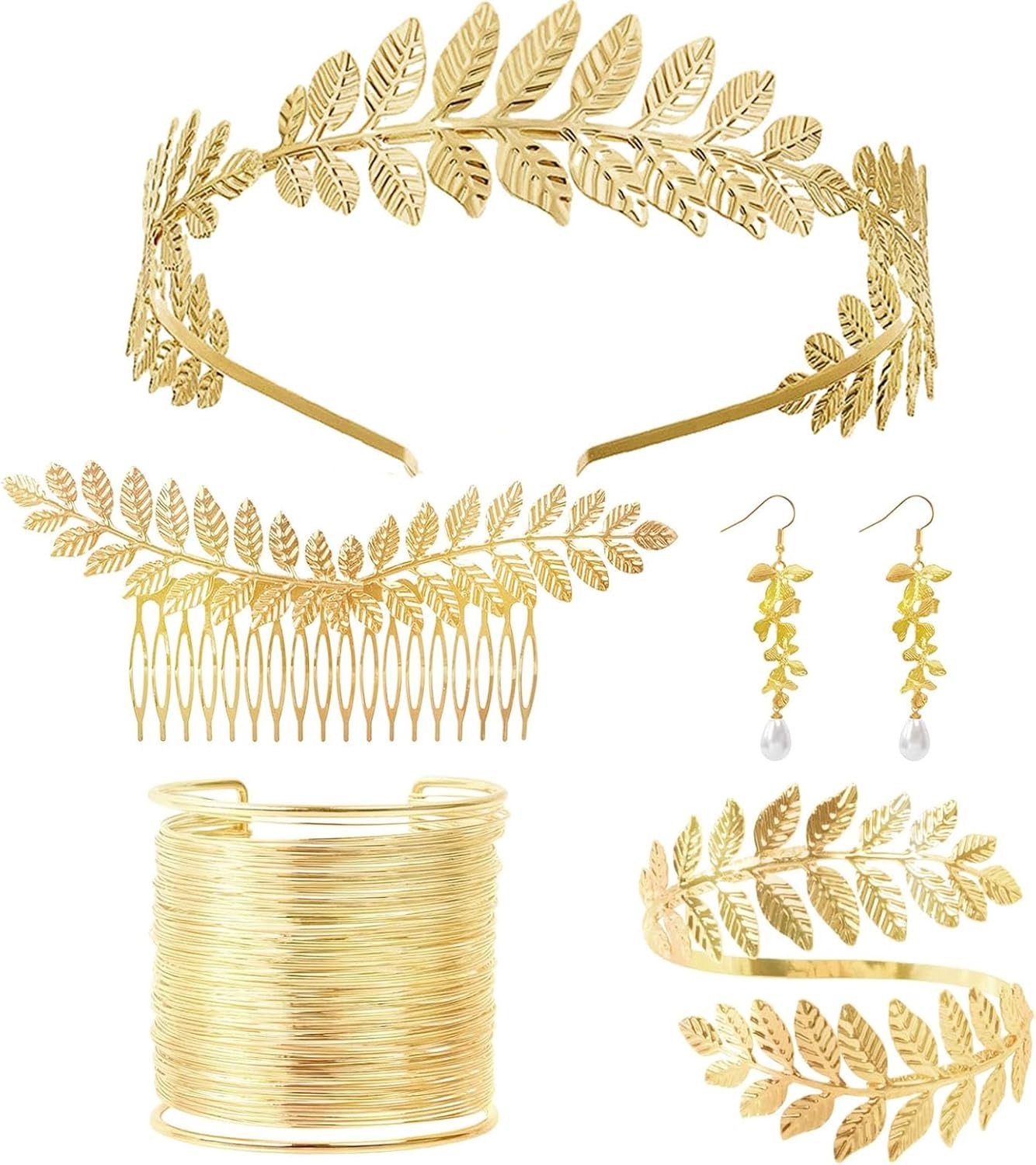 Griekse Godin Kostuum Sieraden Set met Blad Oorringen, Haar Kam en Boho Haar Kroon Accessoires voor Feest en Verkleedpartijen
