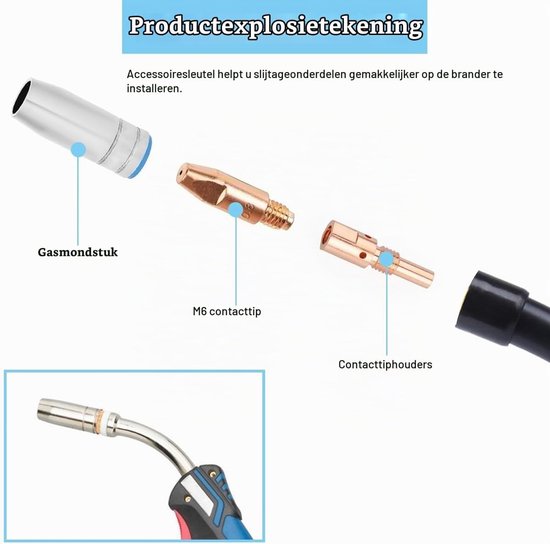 Contacttips en Mondstukken voor MIG MAG Lasapparatuur, 0.8mm, M6 Tips, Lasaccessoires, Verbruiksmaterialen voor MB25 25AK Lasmachine — afbeelding 4