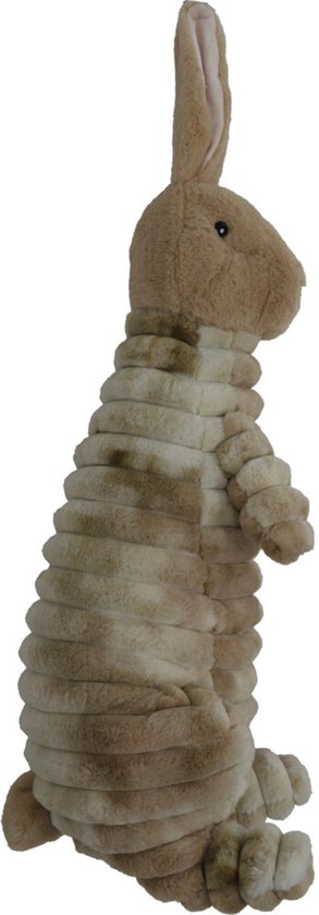 90 cm lang, beige en bruin gestreept pluche konijn in corduroy-stijl met rechtopstaande oren.