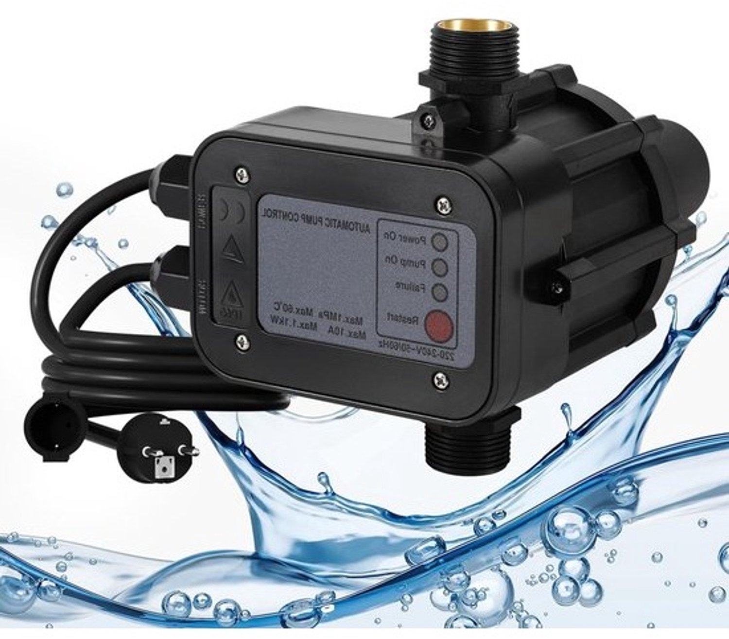 Drukschakelaar voor pompbesturing - Waterpompregelaar - Automatische waterdruk - Met kabel en indicator - 10 bar - Zwart