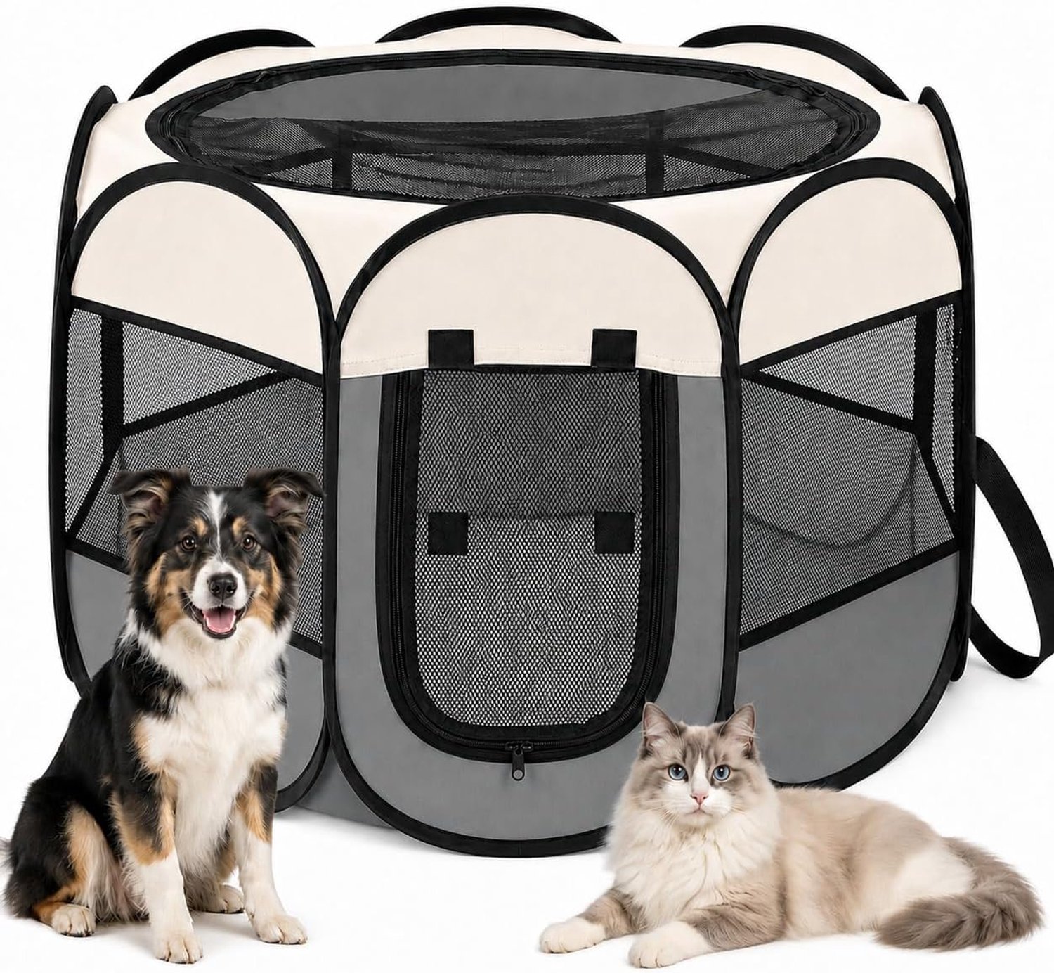 Opvouwbaar, puppyuitloop en puppybox, box voor honden en katten, 8-hoekige huisdierenren met netramen (grijs, M)