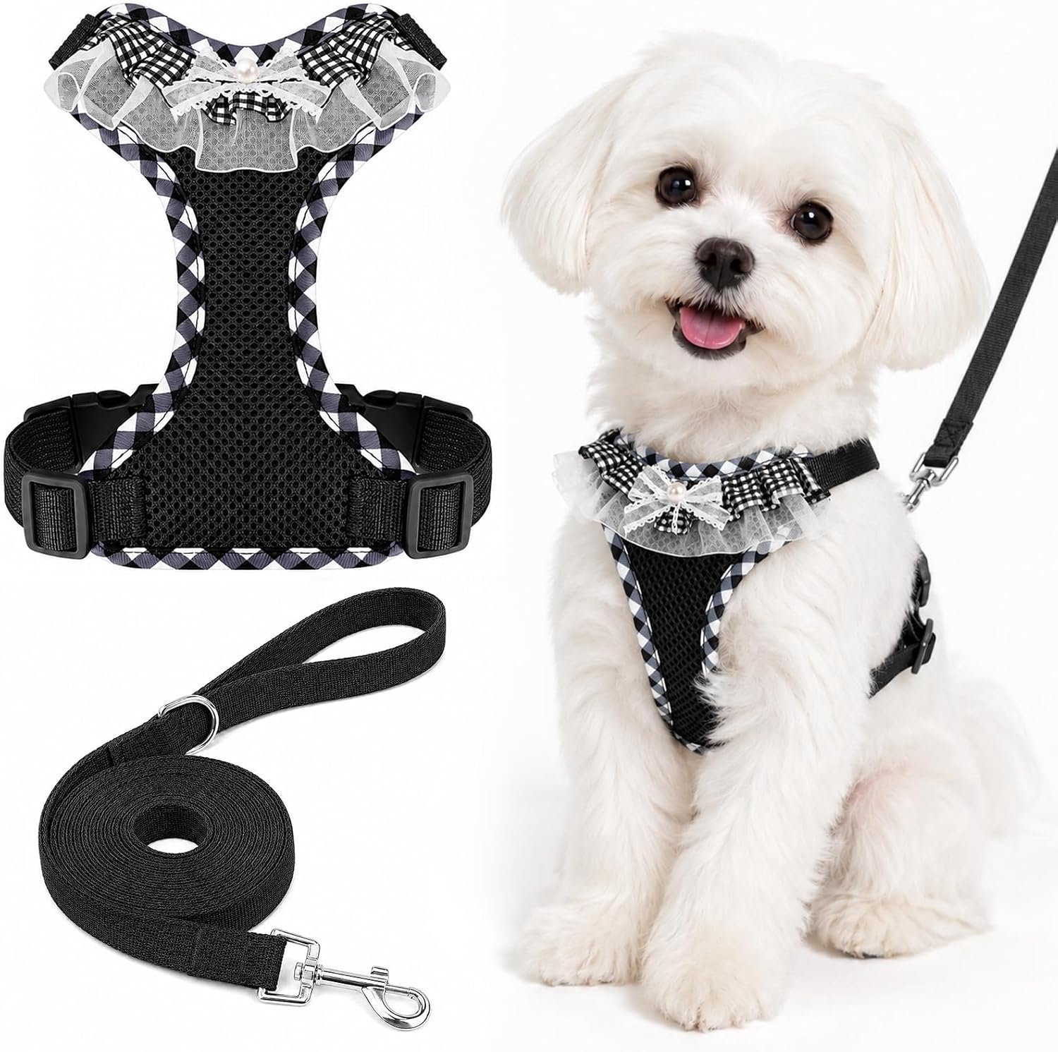 Tuigje voor kleine honden en riem, hondenharnas, geruit, zwart, S