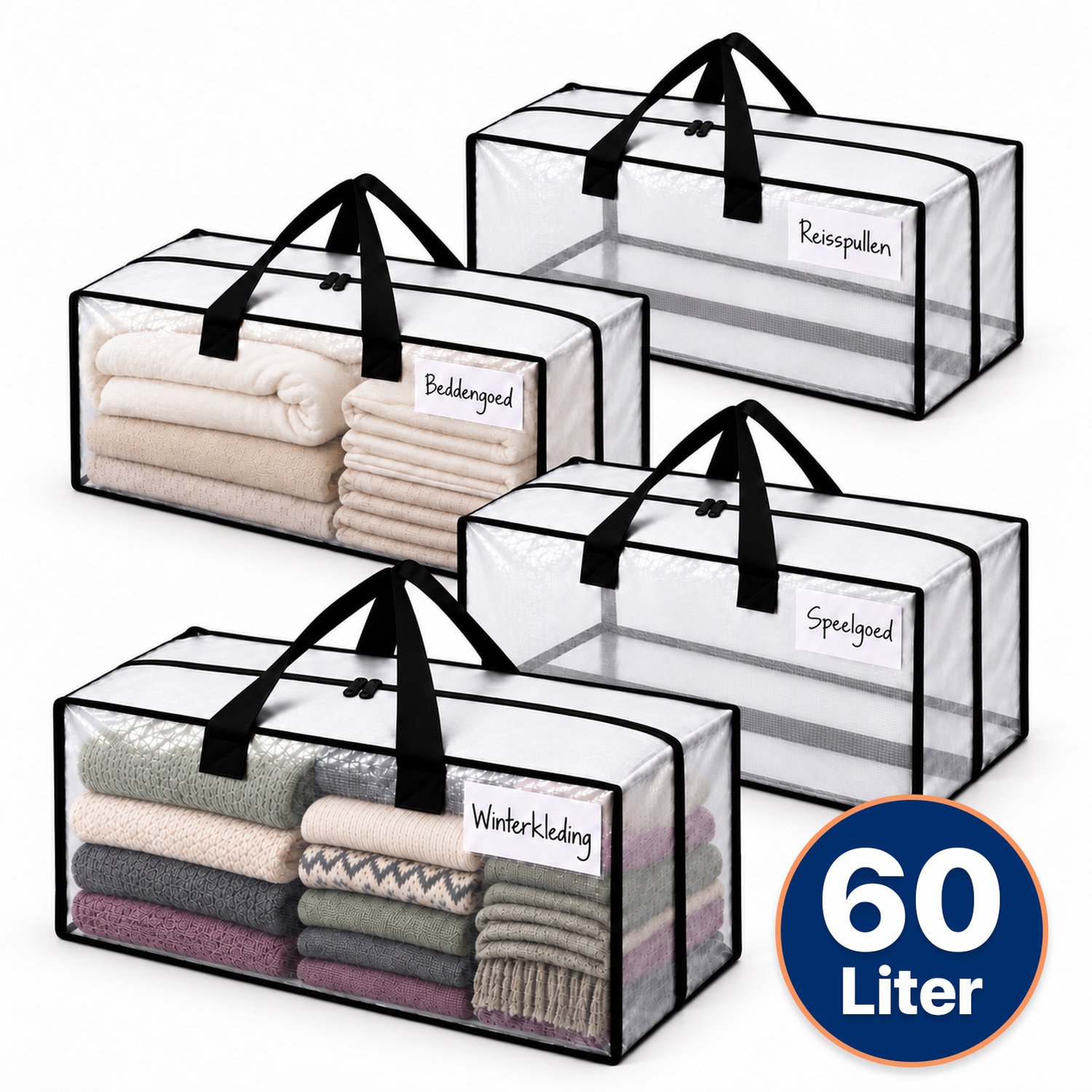 SwayTosh Verhuis & Opbergtas Transparant – 60 Liter – 4 Stuks – 45 Kg Draagkracht – Verhuisdozen – Opbergbox – Big Shopper Met Rits – Opbergzak – Waterafstotend & Scheurvast