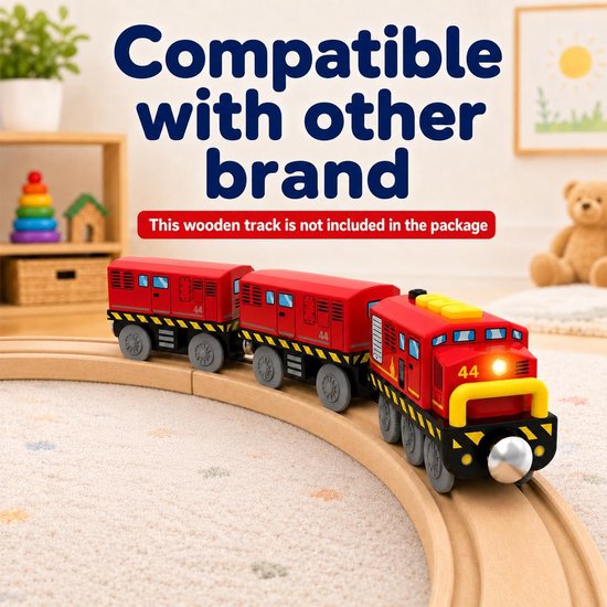 Trein, speelgoed voor kinderen, 3, 4, 5, 6 jaar, elektrische actietrain met batterijen, voertuigen met geluid en licht, spoorwegspeelgoed van hout, compatibel met Thomas Brio — afbeelding 2