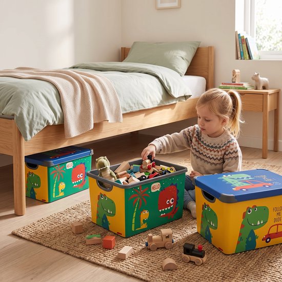 INDECOR Stapelbare Speelgoedbox met Handgrepen – 17 L Opbergbox Set van 3 met Deksel – Voor Lego, Bouwblokjes en Bouwstenen - Dinosaurusmotief — afbeelding 4