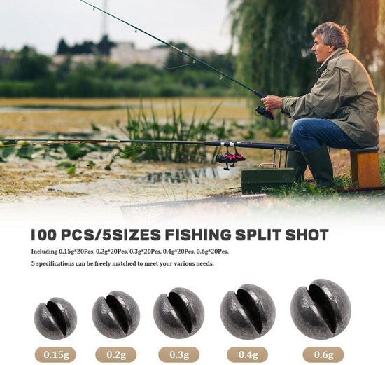 100x Visloodjes Split Shot - 5 Maten (0.15g-0.6g) - Merkloos — afbeelding 3