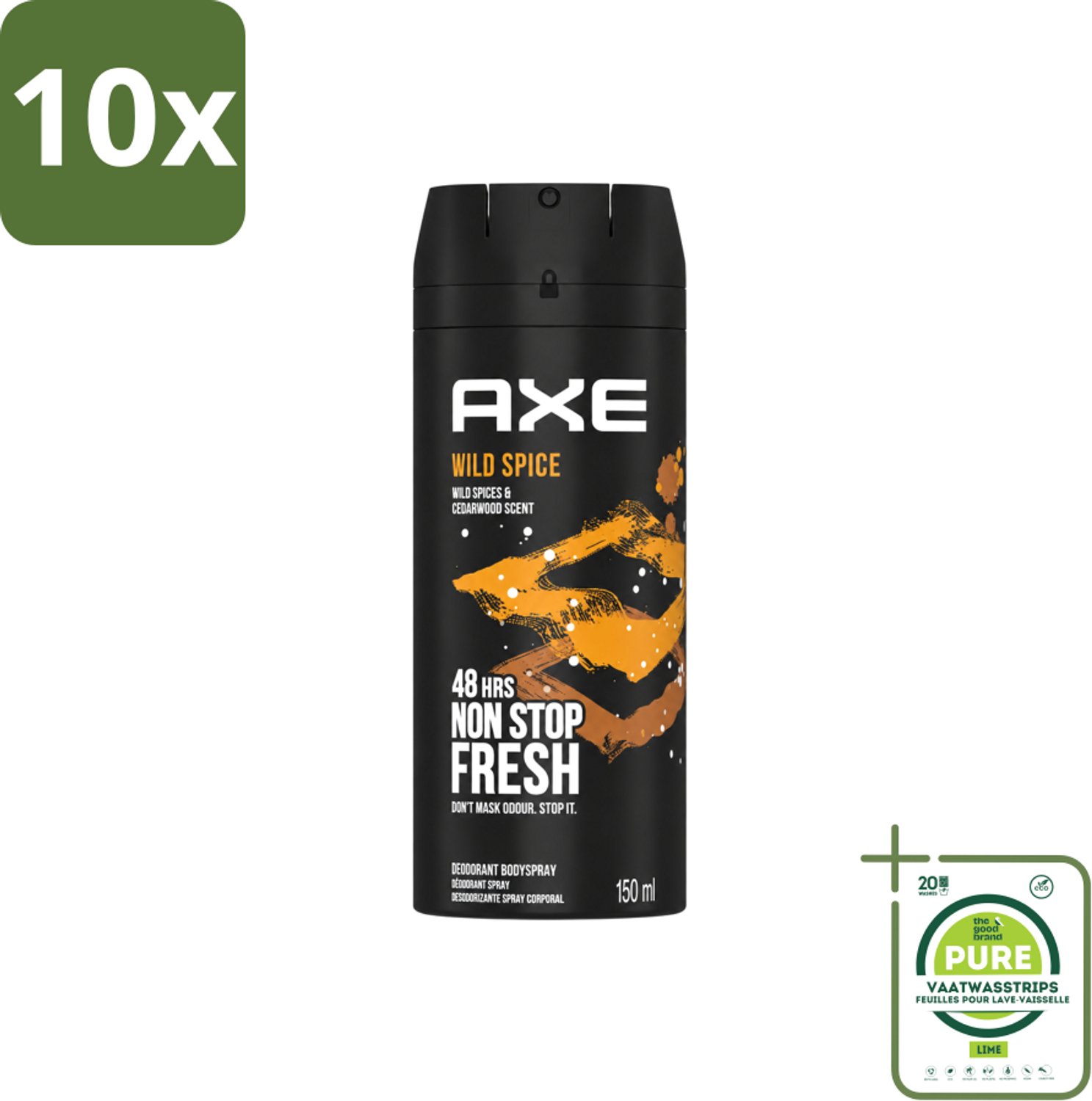 10 x Axe - Deodorant Bodyspray - 48hrs Non Stop Fresh - Wild Spice - Wild Spices & Cedarwood - 150 ml - Grootverpakking - Vaatwasstrips - Deodorant - Bodyspray - Cederhout Geur - Mannelijke Geur - Frisse Geur