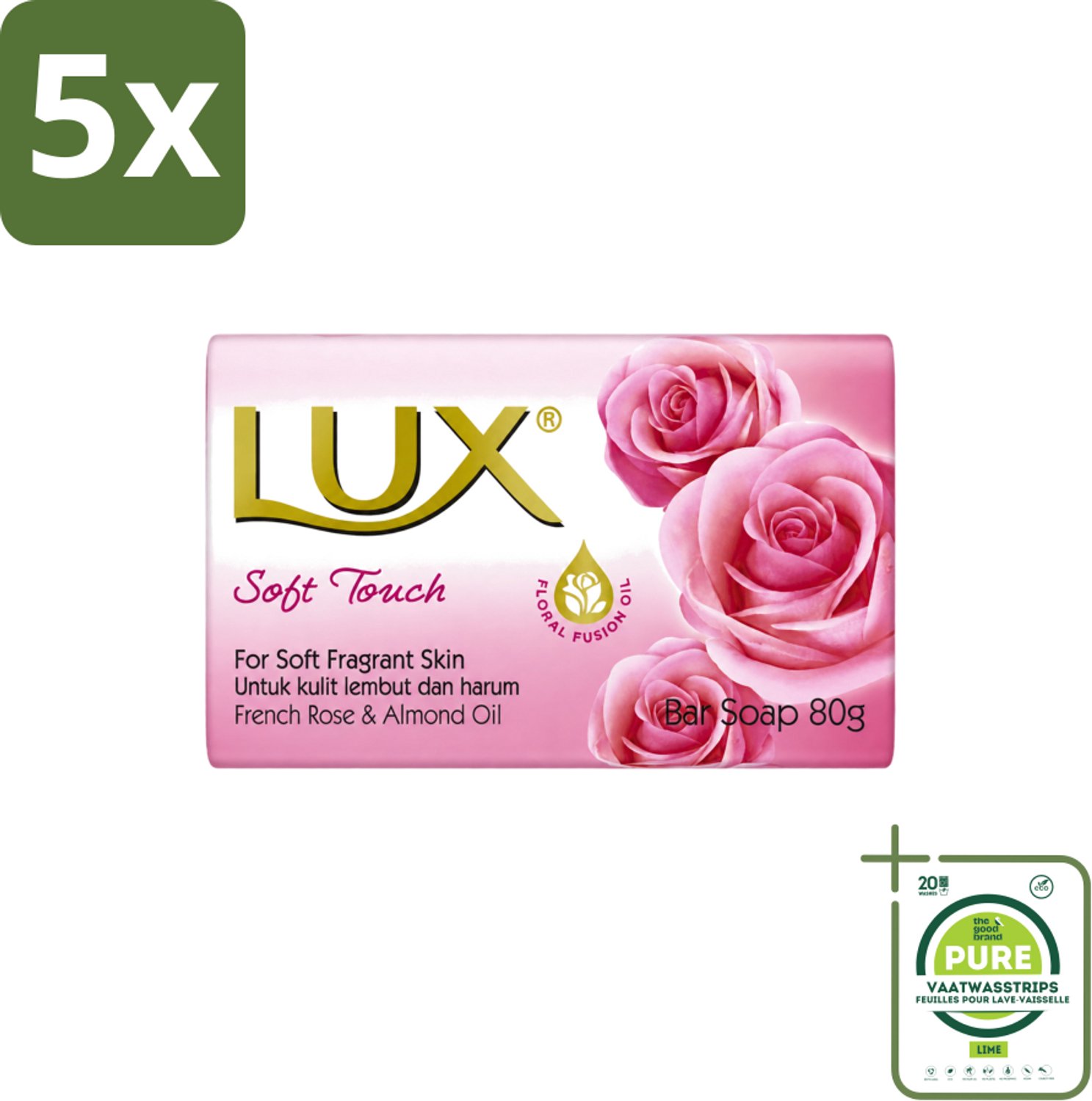 5 x Lux - Zeep - Soft Touch - Hydraterend - Voor Geurige Huid - 80 g - Grootverpakking - Vaatwasstrips - Zeep - Zijdezachte Huid - Hydraterende Zeep - Geurige Zeep - Reinigingszeep