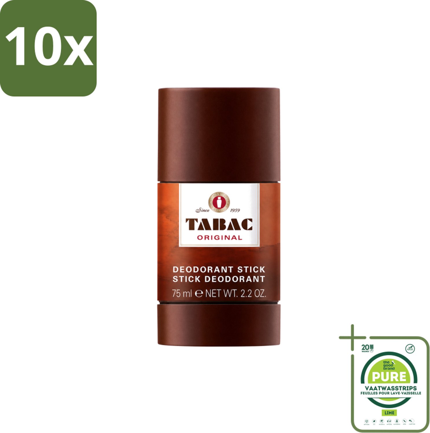 10 x Tabac Original - Deodorant Stick - Langdurige frisheid - 75 ml - Grootverpakking - Vaatwasstrips - Deodorant Stok - Zweetvervoeging - Geur - Mannelijke Geur - Frisheid