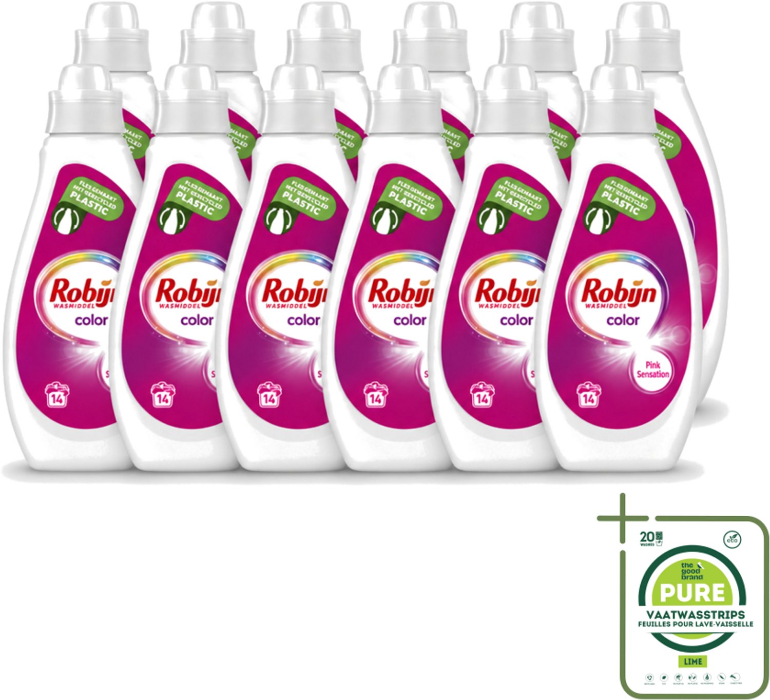12 x Robijn - Color - Vloeibaar Wasmiddel - Pink Sensation - 14 Wasbeurten - 700 ml - Grootverpakking - Vaatwasstrips - Kleurbehoud - Wasmiddel - Vloeibaar Wasmiddel - Geur - Wasbeurt