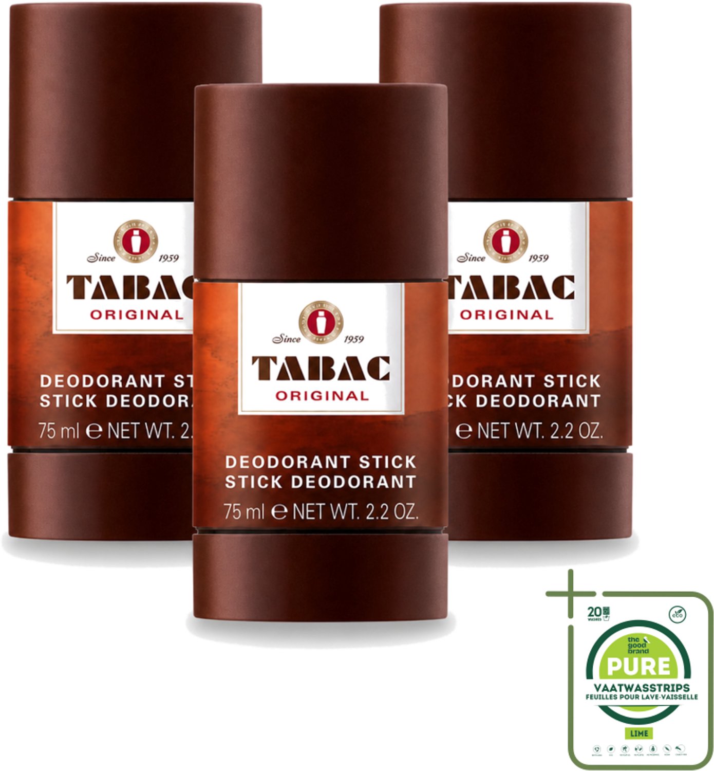 3 x Tabac Original - Deodorant Stick - Langdurige frisheid - 75 ml - Grootverpakking - Vaatwasstrips - Deodorant Stok - Zweetvervoeging - Geur - Mannelijke Geur - Frisheid