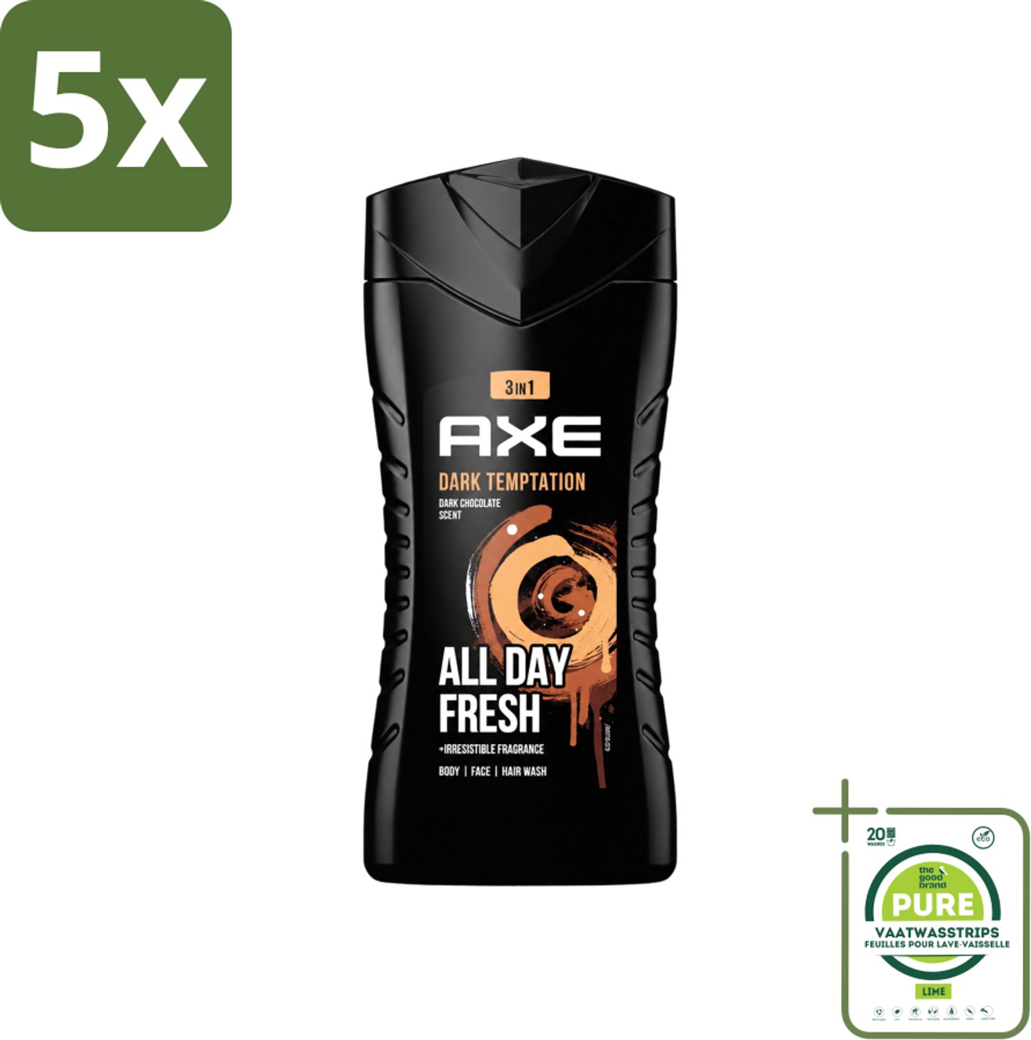 5 x Axe - 3-in-1 Douchegel - Dark Temptation - Dark Chocolate - 250 ml - Grootverpakking - Vaatwasstrips - Douchegel - Chocolade - 3-in-1 - Lichaam - Gezicht