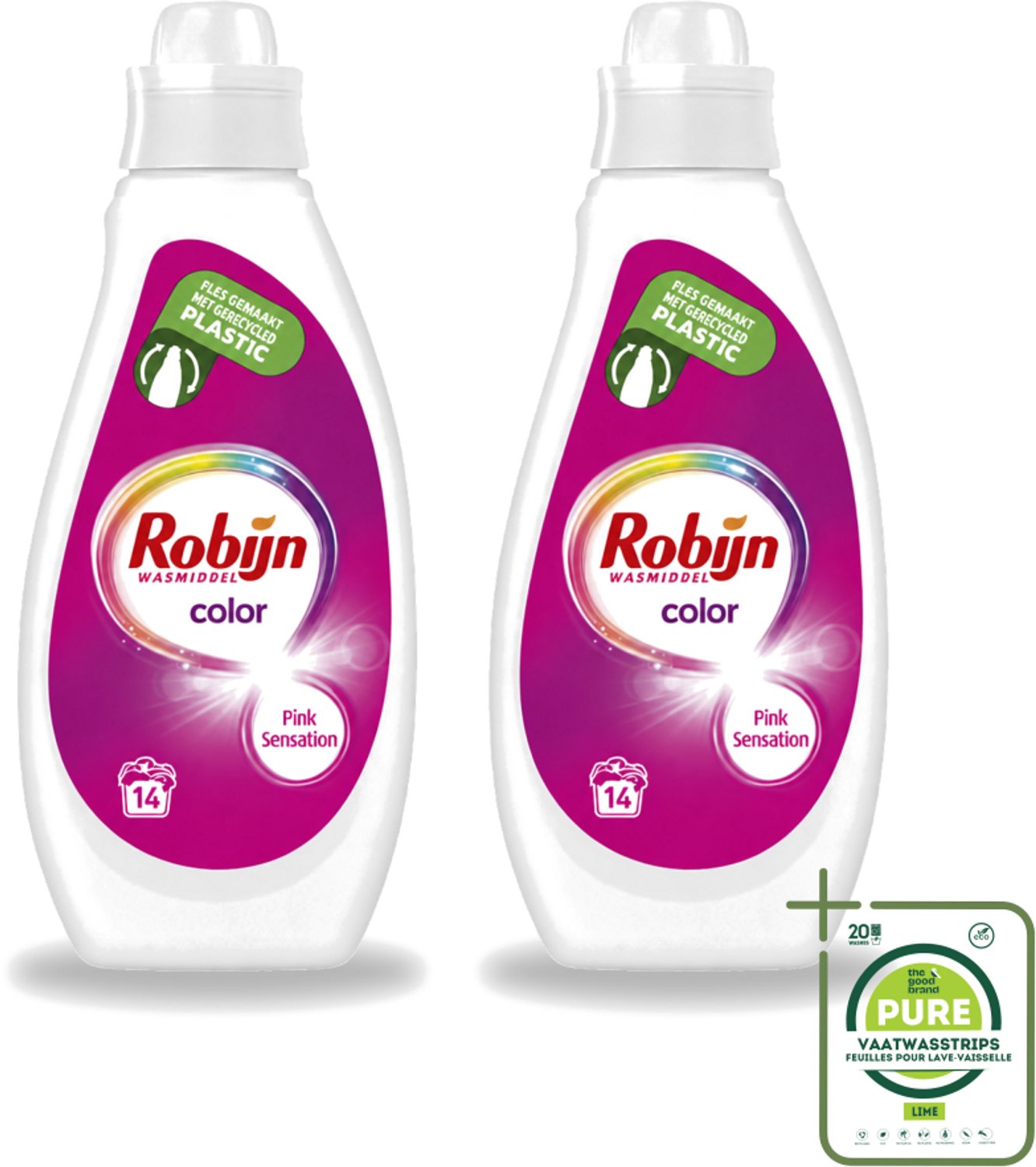 2 x Robijn - Color - Vloeibaar Wasmiddel - Pink Sensation - 14 Wasbeurten - 700 ml - Grootverpakking - Vaatwasstrips - Kleurbehoud - Wasmiddel - Vloeibaar Wasmiddel - Geur - Wasbeurt