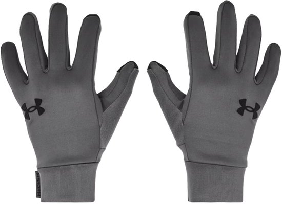 Grijze Under Armour Storm handschoenen met zwart logo op de rug en geribbelde boorden.
