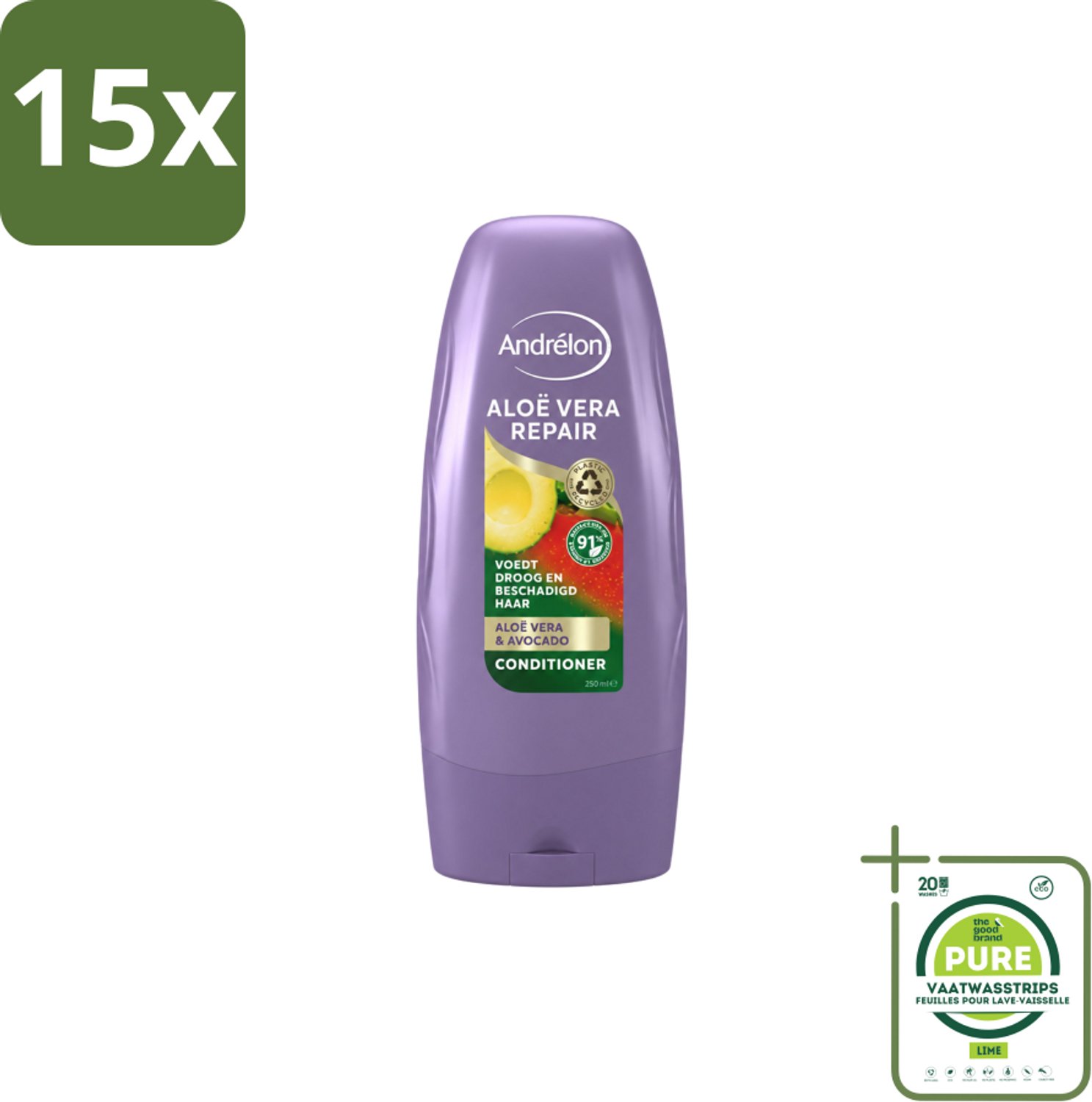 15 x Andrélon - Aloe Vera Repair - Conditioner - Verzachtend & Herstellend - 250 ml - Grootverpakking - Vaatwasstrips - Haarherstel - Haarverzorging - Droog Haar - Beschadigd Haar - Aloe Vera