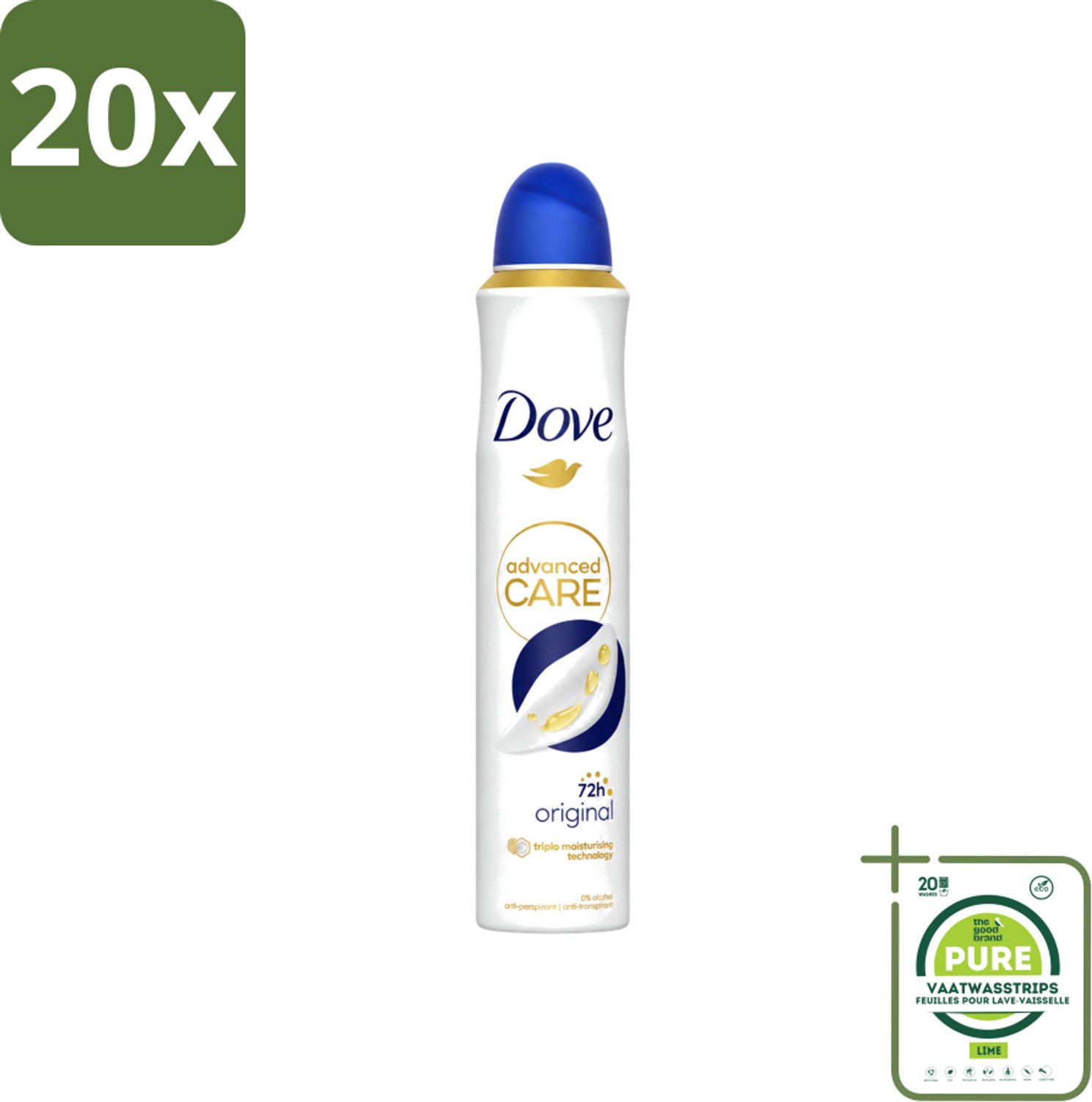 20 x Dove - Deodorant - Spray Advanced Care - Frisse en langdurige bescherming - 200 ml - Grootverpakking - Vaatwasstrips - Anti-transpirant Spray - Huidverzorging - Zweetvermindering - Geurvermindering - Scherenhuid