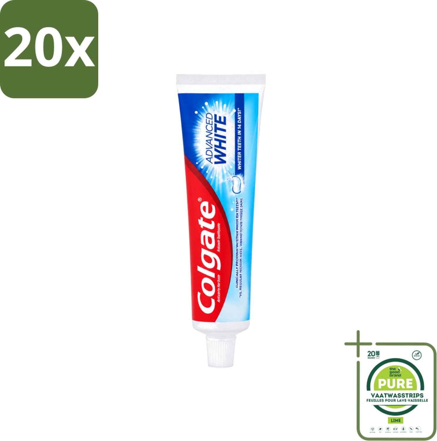 20 x Colgate - Advanced White - Tandpasta - 100ml - Grootverpakking - Vaatwasstrips - Tandpasta - Witte Tanden - Vlekverwijdering - Tandbederf - Gaatjes