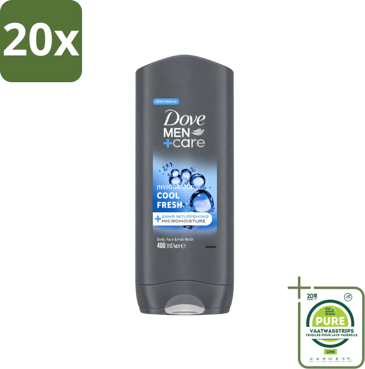 20 x Dove - Douchegel - Men+ Care Cool Fresh - Verfrissend en energiegevend - 400 ml - Grootverpakking - Vaatwasstrips - Douchegel Voor Mannen - Verfrissende Geur - Huid Verzorging - Hydraterende Douchegel - Micromoisture Technologie