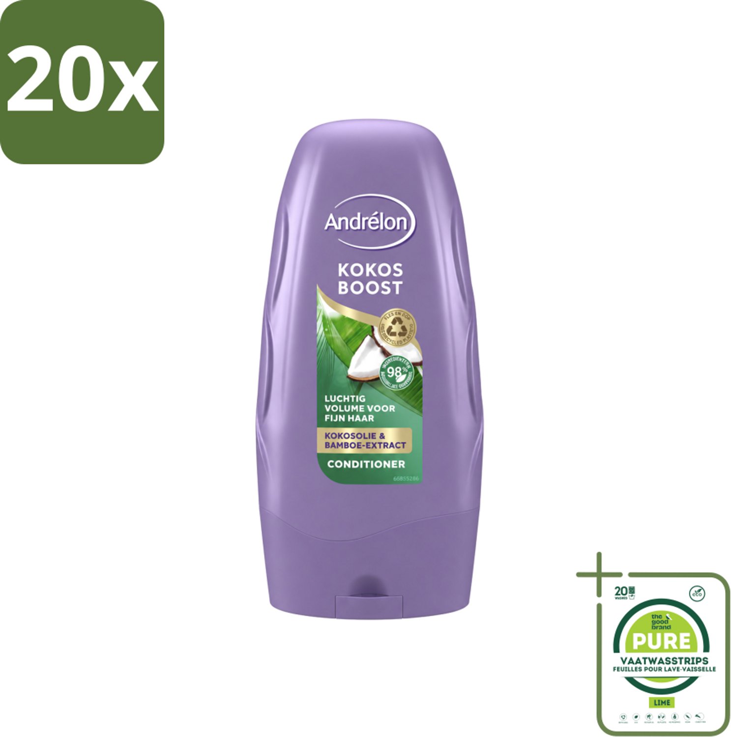 20 x Andrélon - Kokos Boost - Conditioner - Intensieve Voeding - 250 ml - Grootverpakking - Vaatwasstrips - Conditioner Voor Fijn Haar - Kokosolie Conditioner - Volume Voor Haar - Voeding Voor Haar - Bamboe-extract Conditioner