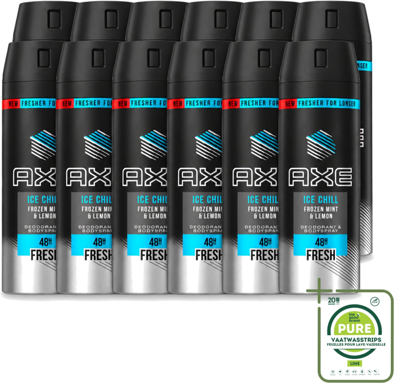 12 x Axe - Deodorant Bodyspray - 48hrs Fresh - Ice Chill - Frozen Mint & Lemon - 150 ml - Grootverpakking - Vaatwasstrips - Bevroren Munt - Citroen - Frisheid - Geurbestrijding - Deodorant