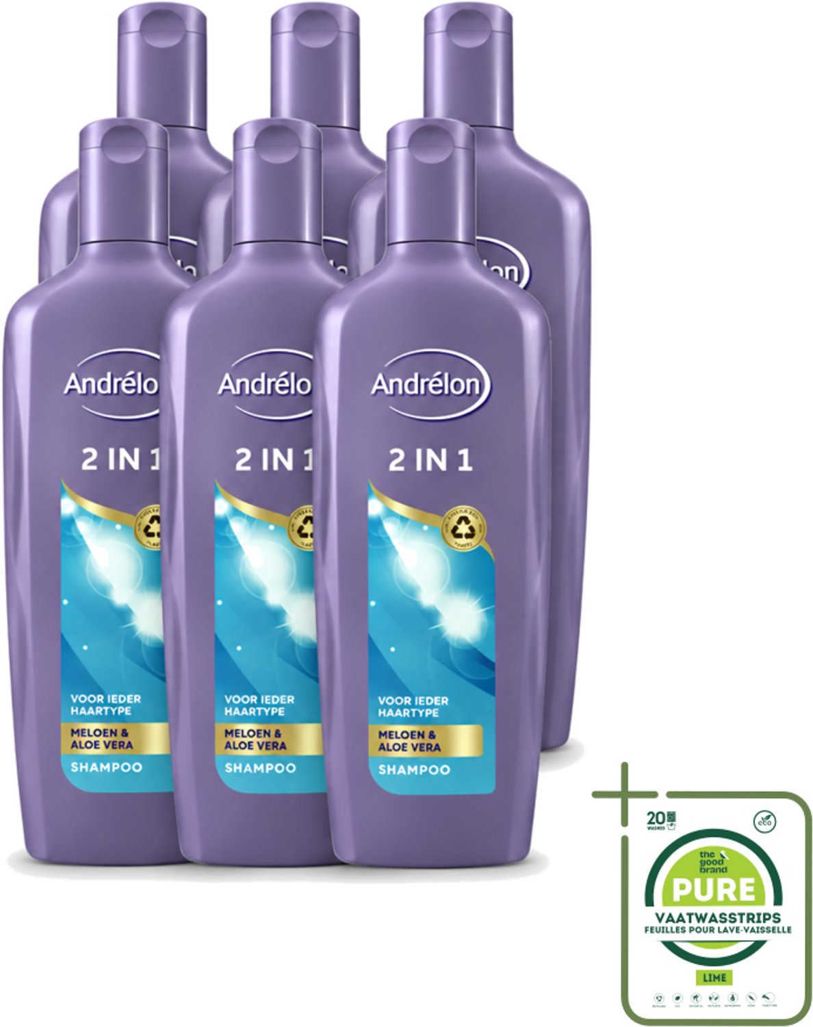 6 x Andrélon - 2-in-1 - Shampoo - Reinigt & Verzorgt - 300 ml - Grootverpakking - Vaatwasstrips - 2-in-1 Shampoo Conditioner - Haar Reinigen - Haar Verzorgen - Meloen Shampoo - Aloë Vera Shampoo