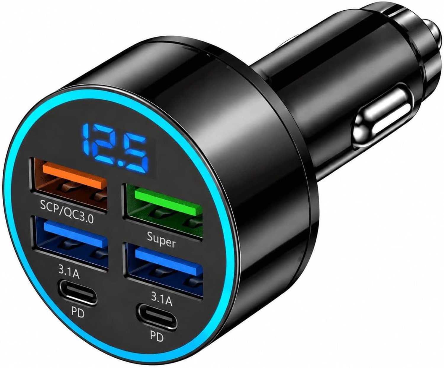 2 Stuks Auto USB Oplader voor Sigarettenaansteker 66W met 6 Poorten, 2 USB-C PD en 4 USB-A Aansluitingen, Digitaal Display, Doos, 12/24 V Adapter voor Volwassenen, Smartphone, Tablet, GPS, Auto