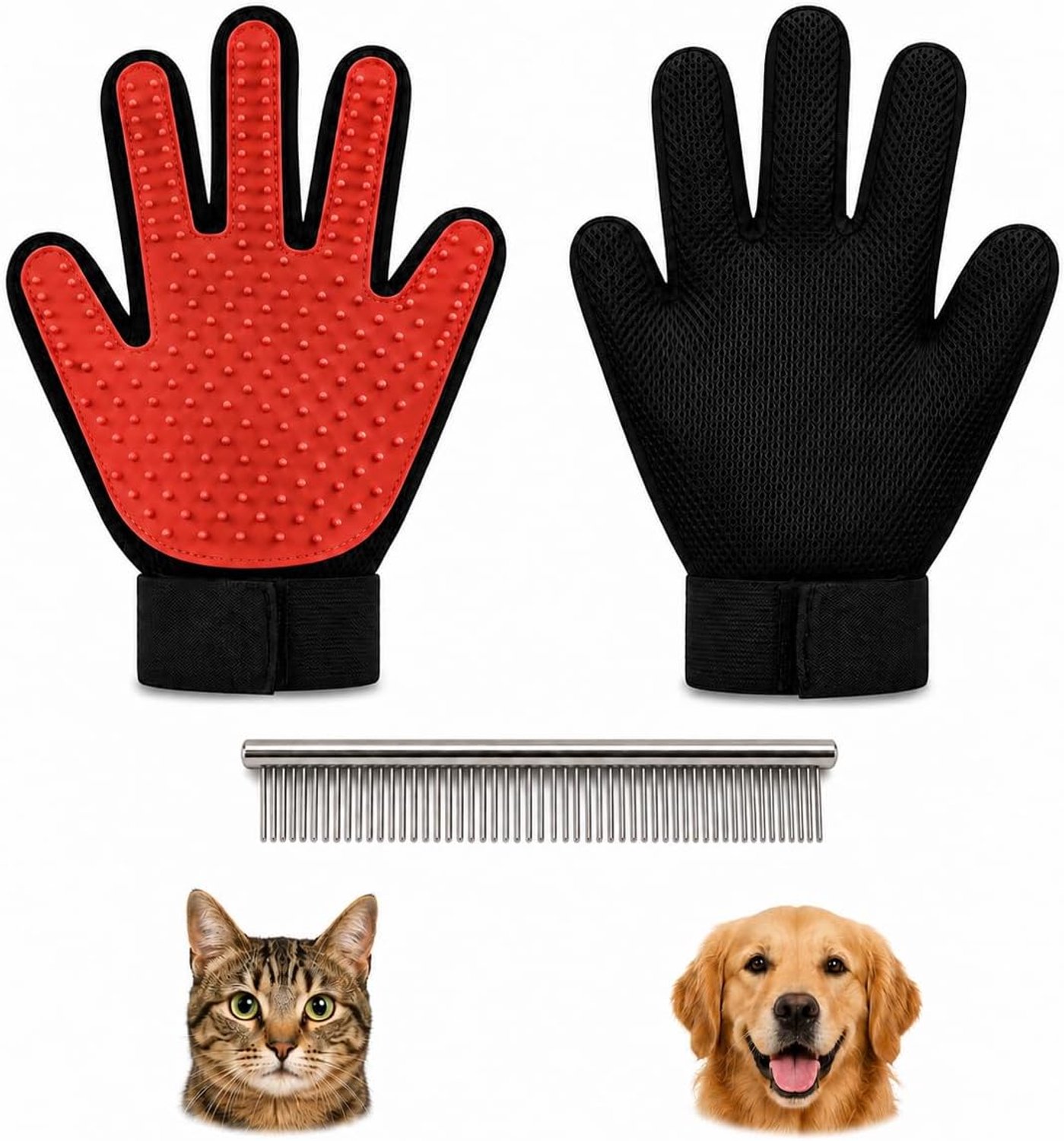 Handschoenen voor het verwijderen van huisdieren voor katten en honden + kam van roestvrij staal, handschoen voor kattenharen en hondenharen, ontharingshandschoen voor honden en katten
