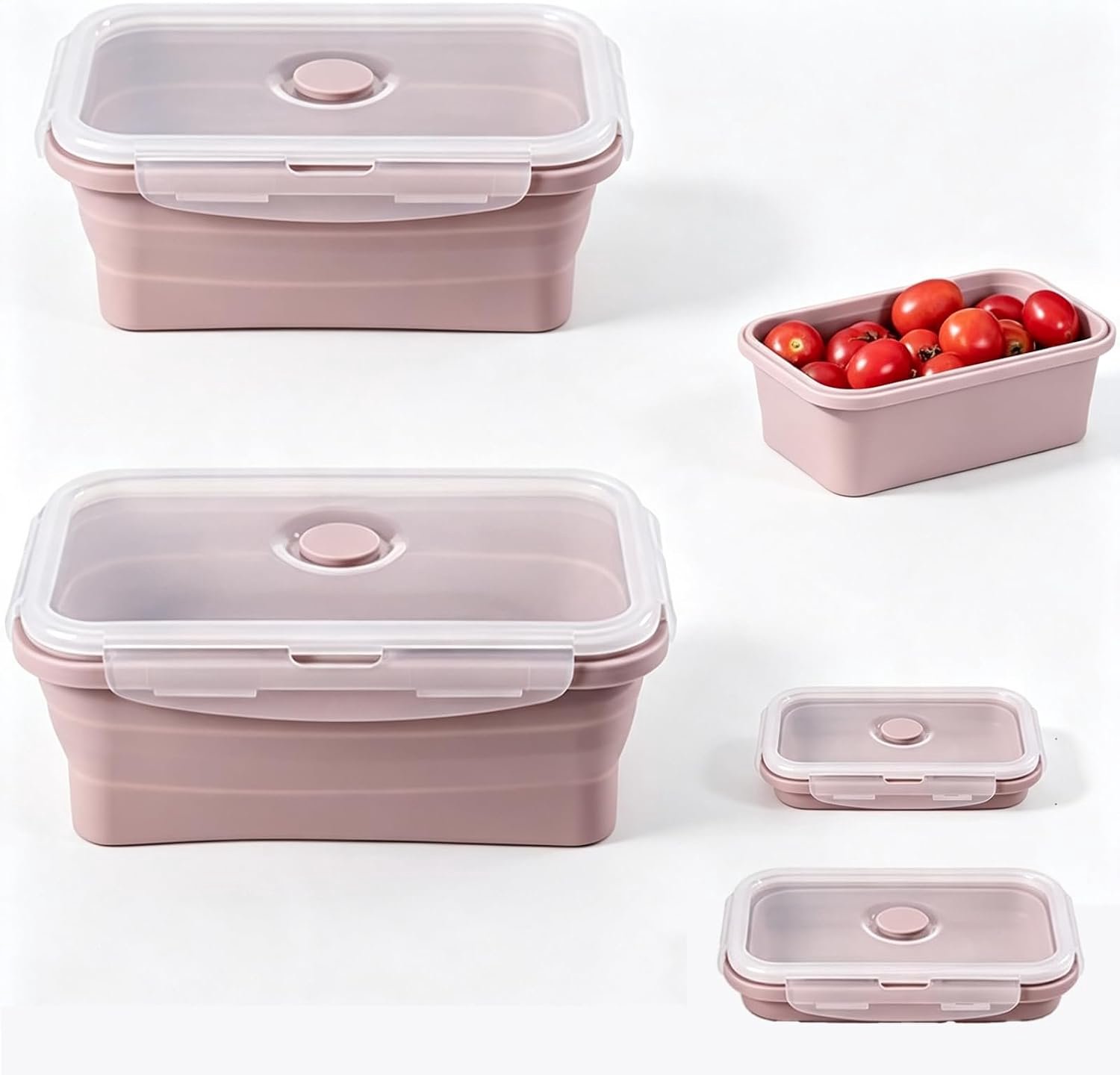 Broodtrommel, 2 stuks, rechthoekig, opvouwbare vershouddozen, siliconen doos met deksel, lunchbox, Tupperbox, 550 ml en 800 ml, roze