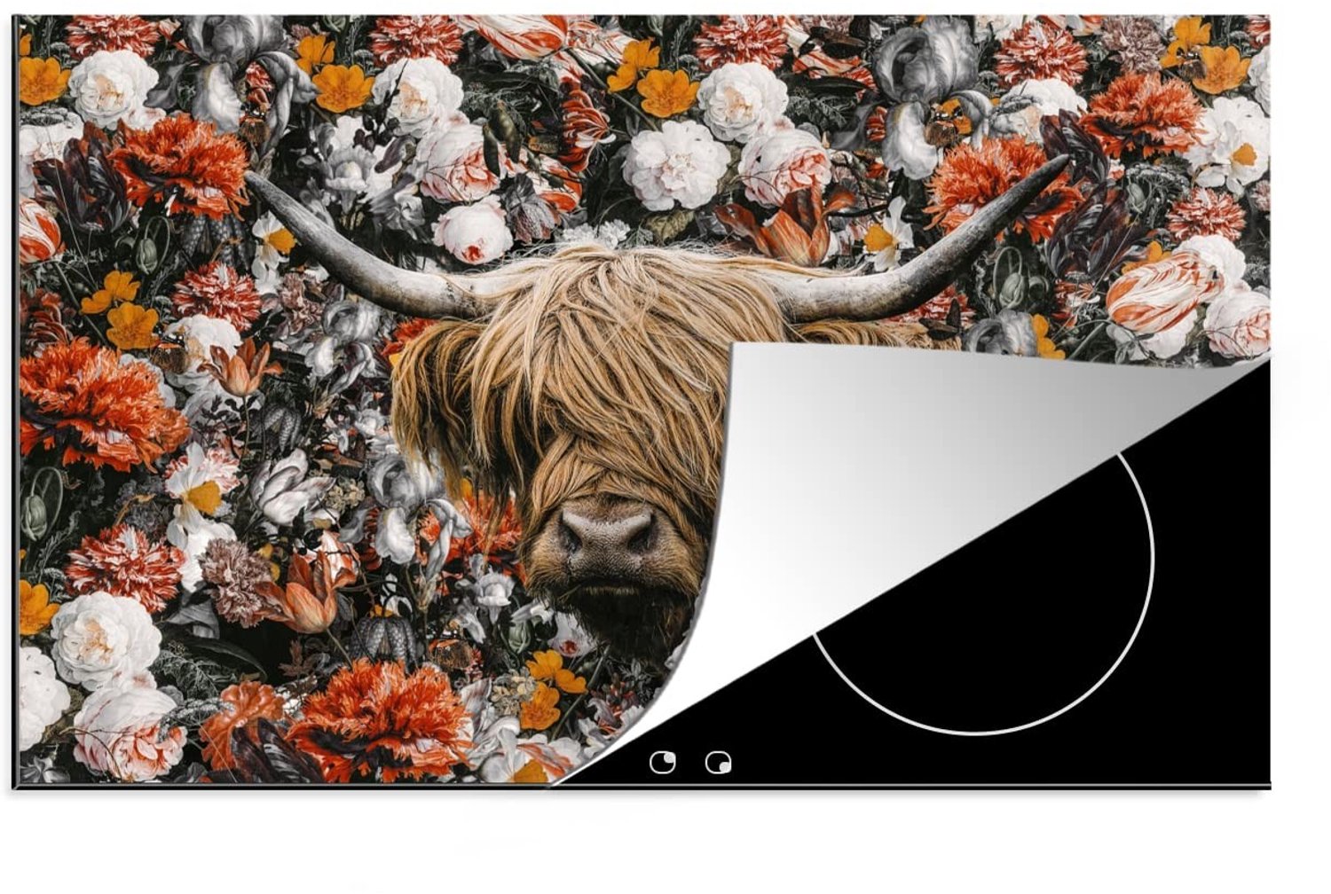Inductiebeschermer - Inductie mat - Vinyl - Schotse Hooglander - Bloemen - 81x52cm