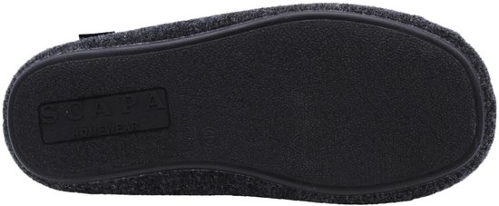 Zwarte zool van grijze vilten pantoffel met Scapa Homewear merklogo.