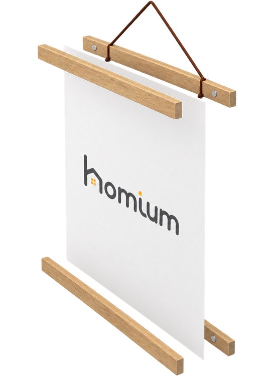 Porte-affiche magnétique en bois de 30 cm, vue de profil, avec logo Homium.