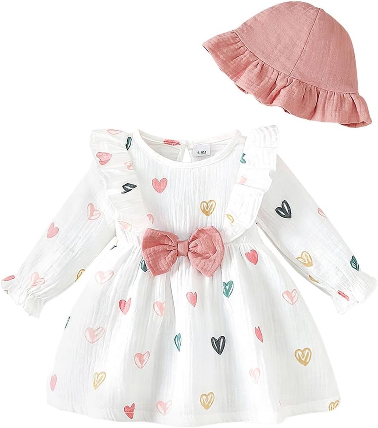 Zomer- en herfstjurk voor peuters, babymeisjes, outfit met ruches, hart/bloemenpatroon, boho-jurk, schattige babyzomerjurk met hoed